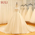 Long Sleeves Satin Wedding Dresses Lace Appliques V Neck Ball Gowns White Ivory