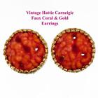 Vintage CARNEGIE Earrings Faux Coral Carved Flowers Gold SIGNED Clips