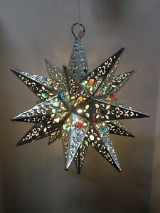 Moravian Star Pierced Metal Glass Pendant Light Lamp Hanging w/marbels 16 ''