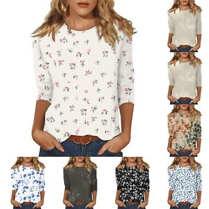 Womens Tops Floral Print Casual 3/4 Sleeve T-Shirts Round crew Neck Tops Blouse