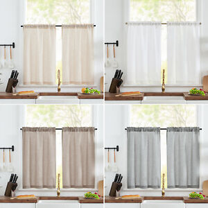 Flax Rustic Rod Pocket Curtains Linen Short Window Curtains Set 2 Panels