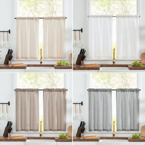 Flax Rustic Rod Pocket Curtains Linen Short Window Curtains Set 2 Panels