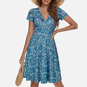 MS Basic Blue Floral Faux Wrap Dress Size L
