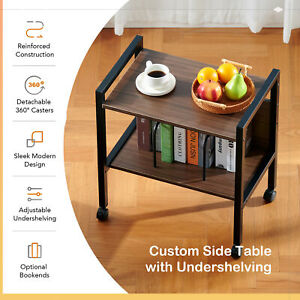 End Side Table Book Plant Stand with 360° Wheels & Book Shelf 2 Tier
