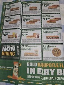 14 Subway Coupons Sub Sandwiches Exp 5/9/2024 Footlong Meal Deals Cookie Chips!