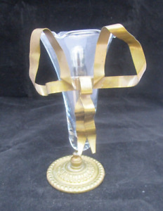 Vintage Petites Choses Brass Ribbon Bow and Glass Trumpet Bud Vase. 7