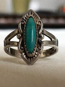 Size 8 - Vintage Old Pawn Navajo Turquoise Sterling Silver Native Oval Ring 