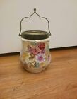 Antique ROYAL Bonn Floral Biscuit Jar with Hand Painted Flowers and Wire Handle