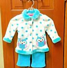 Young Heart  2 Piece Fleece Blue Polka Dots Owl Jacket Pants Baby Girl 18 Months