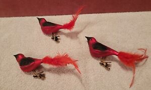 3 Vtg Red Bird Glass Christmas Tree Clip On Ornaments w/ Real Feather Tail