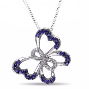 Blue Sapphire & Natural Diamond Sterling Silver Infinity Butterfly Pendant 18