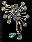 Silver Tone Blue Rhinestone Floral Dangling Brooch Vintage Jewelry Lot B