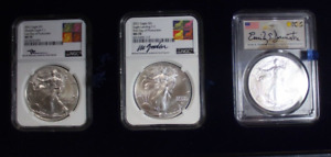 3 NGC/PCGS MS70 GRADED 2021 AMERICAN SILVER EAGLES IN BLUE CASE (TYPE 1 & 2)