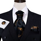Black Gold Floral Mens Silk Ascot Formal Cravat Silk Tie Hanky Cufflinks Set