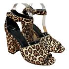 Joie Lahoma Chunky Leopard Print Calf Hair Block Heels Ankle Strap Open Toe 38 8