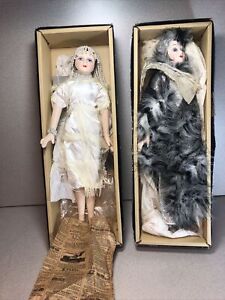 Set Of 2 Seymour Mann Art Deco Porcelain Doll Flapper Feathers - New in Box