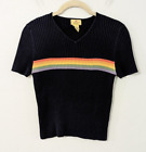 Vintage Limited of America Ribbed Rainbow Knit V Neck Shirt Blue Medium M
