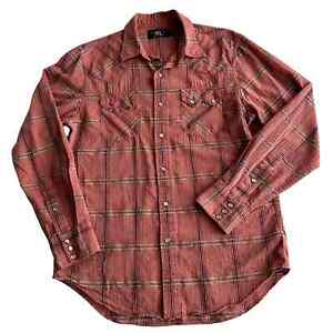 RRL Double RL Ralph Lauren Cotton Jacquard Plaid Pearl Snap Western Red Shirt M