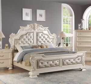 Formal Traditional Pearl Finish Queen Bed Button-Tufted Upholstered Luxury Bed