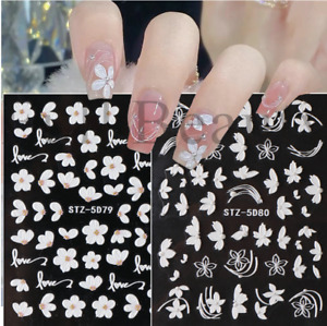 5D Embossed Camellia Nail Stickers White Petals Leaf Relief Design Sliders