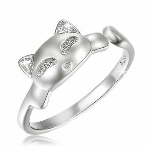 925 Sterling Silver Band Ring Kitten Cat Charm Open Adjustable Engagement Women
