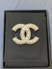 CHANEL Authentic Medium Crystal & Pearl CC Logo Brooch Pin Silver Tone with Box