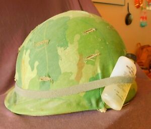 VIETNAM HELMET WITH COVER DATED JUNE 1968 GREAT SHAPE WITH NEW STRAP. BUG JUICE