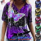 Womens Summer V-Neck Butterfly Tops T-Shirt Ladies Casual Loose Blouse Plus Size