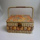 New ListingWoven Wicker Sewing Basket Box Beige Lining Handle Tray Notions Sears Vtg