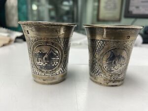 Antique niello imperial Russian Vodka Cup - Silver, Engraved, set of 2
