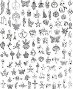 100 PCs Silver Charms for Jewelry Making Mixed Lot Pendants Bracelet Necklace