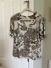 Chico’s 1 Cream Tan Brown Floral V-Neck Short Sleeve Top #579