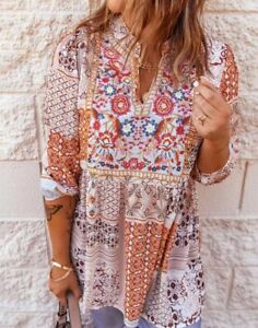Boho Tunic Top High Waisted Flowy Embroidered Mixed Print 3/4 Sleeves | 16/2XL
