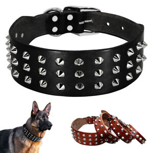 Genuine Leather Dog Collar Spiked Rivets Studded Heavy Duty for Small Large Dogs