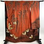 Woman Japanese Kimono Furisode Silk Butterfly Wisteria Gold Foil Vermilion