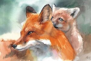 New Listingoriginal painting 20 x 30 cm 61MT Art Watercolor Modern animals foxes Signed