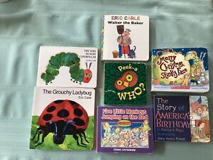 Lot of 7 board books. Preschool baby toddler.  3 Eric Carle,  Peek-A-Who, more