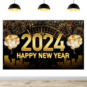 2024 Happy New Year Background Cloth Fabric Sign Poster Black Background Banner
