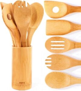 Wooden Spoons For Cooking 6 Piece Organic Bamboo Utensil Set With Holder Wood