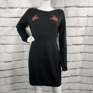 Rihoas Dress Size M Black Knit Sweater Body Con Long Sleeve Embroidered Roses