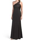 NWT AIDAN MATTOX BLACK One Shoulder Satin Gown PROM Party Rose Detail Sz 6 $395