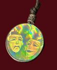 Vtg 1980’s Comedy & Tragedy Hologram Necklace Silver Frame Black Cord Pre Owned