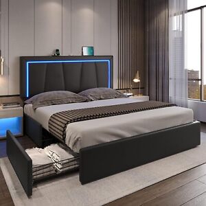 Queen Size Upholstered Platform Bed Frame with Smart RGB LED Headboard&USB Ports