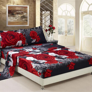 HIG 3 Piece 3D Red And White Rose Print Box Stitched Sheet Set Or Comforter Set