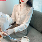 Korean Womens V-neck Pockets Chiffon Patchwork Business Work Shirts Blouse Tops