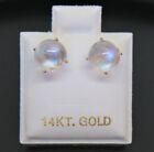 Cute 14K Solid Yellow Gold Natural Blue Moonstone 6-7mm Round Stud Earrings