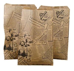 100 Qty Newsprint Pattern Decorative Flat Paper Gift Bags, treats, favors...