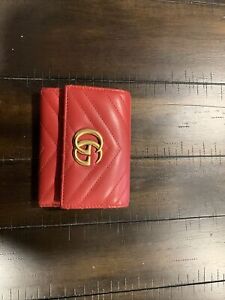 Pre -owned Gucci GG Marmont Wallet - Red Leather With Gold Trim