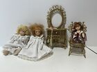 Antique Reproduction Bisque 3 Small Porcelain Dolls and Cute Gold Furniture