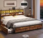Queen LED Bed Frame with Storage Headboard Metal Platform Bed Frame with Drawers